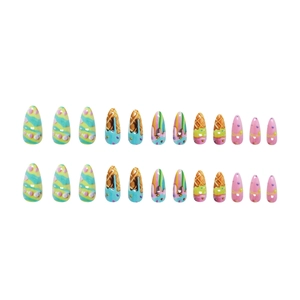 Cute dessert-themed 24pcs press-on nails in long almond shape with macaron colors