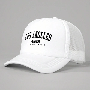 Detail of white trucker hat featuring black Los Angeles USA print and mesh panels