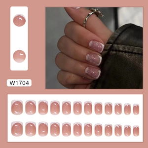 French tip press-on nails with nude pink gradient and glitter finish, 24 pieces set