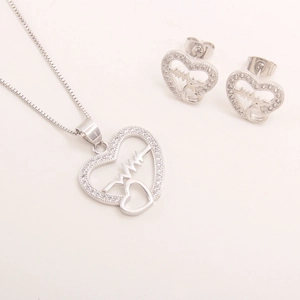 Silver heartbeat heart necklace and earrings set with white cubic zirconia accents