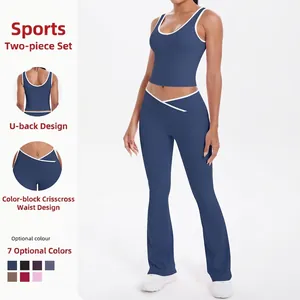 Ensemble de Yoga en Nylon Haut Et Bas Taille Haute Croisée Leggings Évasés Brassière de Sport Dos Nu Tenue pour Femmes