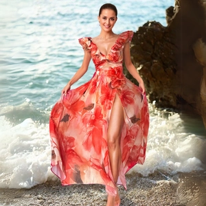 Floral ruffle maxi dress with V-neck and high slit for summer beach vacations