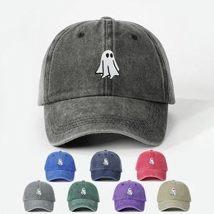 Ghost Embroidered Washed Baseball Cap Halloween Sun Protection Adjustable Vintage Hat For Men Women