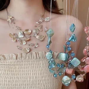 Layered Necklace Irregular Shell Pieces Crystal Beads Bohemian Beach Vacation Style Floating Clavicle Chain Women Jewelry