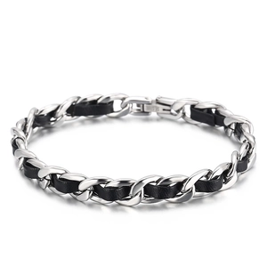 Bracelet tressé minimaliste en cuir noir et acier titane argenté avec maillons cubains
