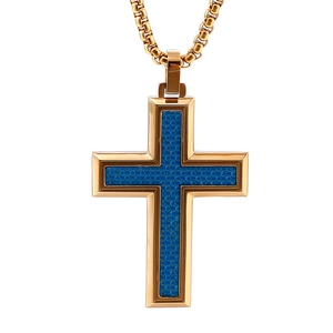 Men's gold steel cross pendant with blue resin carbon fiber inlay on box chain necklace