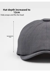 Detailed view of grey newsboy cap with 12cm depth for full coverage and comfort