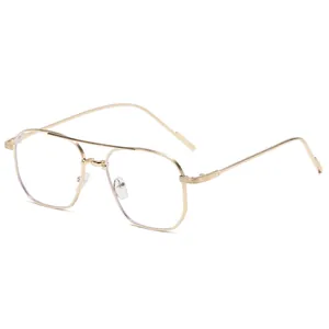 Retro golden metal glasses frame with a double bridge and hexagonal full-rim design