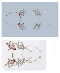 Detail of metal reindeer antlers headband with glittering sequins in red gold and silver