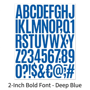 Detail of 2-inch dark blue uppercase alphabet and number stickers in sans-serif font