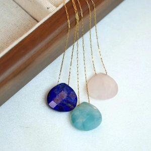 Water-drop natural stone pendants in blue and pink on delicate gold stainless steel chains