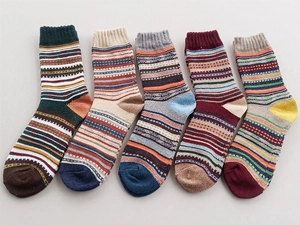 Detail showing five pairs of ethnic style thick wool knit socks with vintage patterns