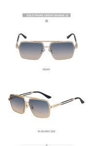 Front and 45-degree side view of vintage square sunglasses with gold frames and gradient lenses