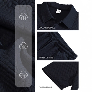 Men's navy waffle knit polo set showing fabric texture and garment details