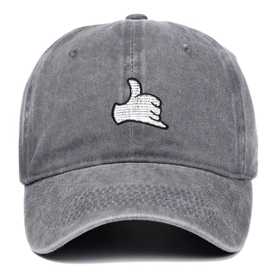 Washed grey cotton baseball cap with white shaka hand gesture embroidery for outdoors