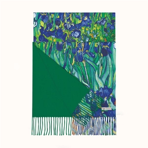 French style Van Gogh Iris painting cashmere scarf with tassels and green solid back