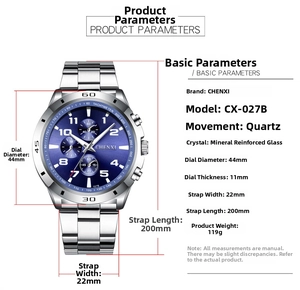 Spécifications techniques et dimensions détaillées de la montre à quartz en acier inoxydable