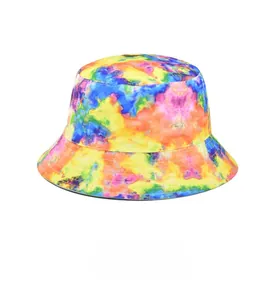 Detailed view of colorful tie-dye bucket hat featuring reinforced brim stitching detail