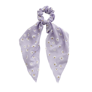 Purple chiffon hair scrunchie with white daisy print and long elegant ribbon streamer