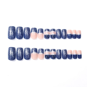 24-piece short square fake nails featuring deep blue glitter and French leaf patterns