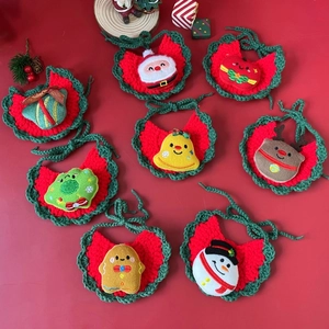 Handmade crochet Christmas pet bib set featuring Santa, elk and snowman designs