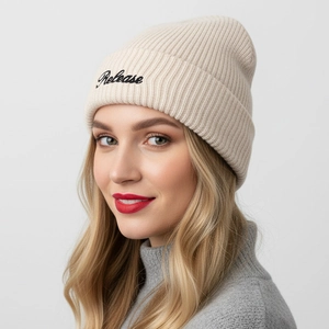 Beanie Hat Winter Warm Acrylic Ribbed Cuffed Knit Cap With Release Letter Embroidery Outdoor Casual Unisex