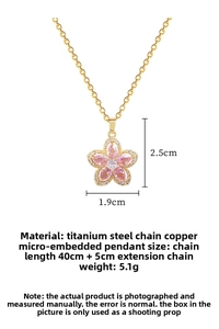 Detail of pink flower zircon pendant on titanium steel chain with size dimensions