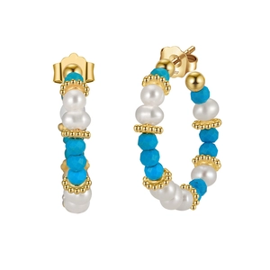 Bohemian gold hoop earrings featuring turquoise beads and freshwater pearls