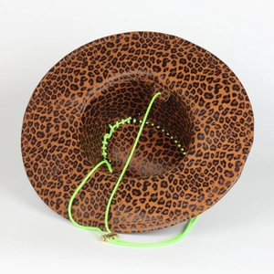 Detail of leopard print cowboy hat with neon green drawstring and gold metal buckle