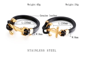 Detail view of black braided leather bracelets with gold anchor and cross steel charms