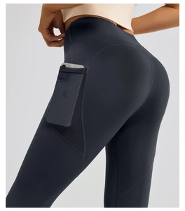 Detail of high waisted yoga pants with mesh side pocket holding a smartphone