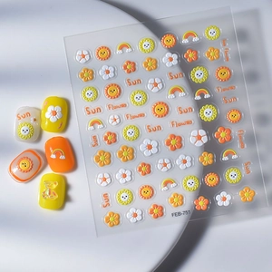 5D embossed nail stickers featuring sunflowers, rainbows and bears on white disk