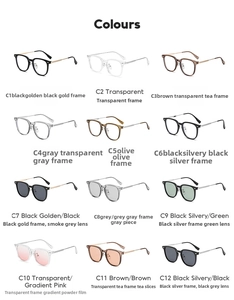 Detailed color chart showcasing twelve metal square frame eyeglasses with various lens tints