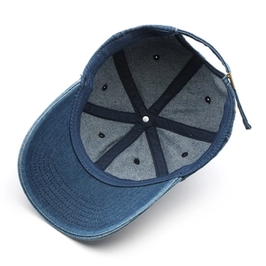Retro dark blue washed denim baseball cap with six-panel structure and metal buckle detail