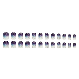 Purple and blue gradient press-on nails with silver grid patterns, 24 pieces set