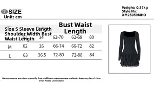 Size chart with measurements in cm for long sleeve square neck ruffle mini dress