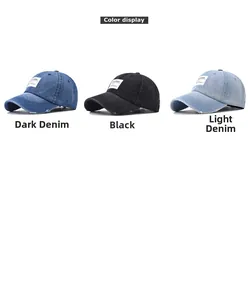 Detailed comparison of washed denim baseball caps with distressed edges and embroidered patches