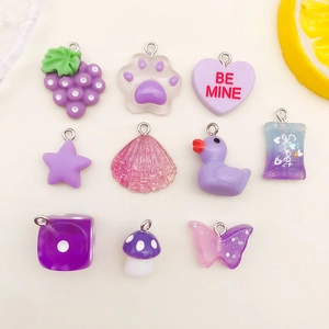 Detailed collection of 10 purple resin DIY craft charms featuring hearts and animals