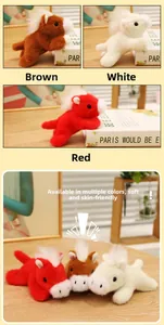 Close-up of plush horse magnets in red, white, and brown colors with soft furry texture