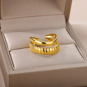 Detailed view of an 18k gold-plated double-layer open ring featuring ribbed texture