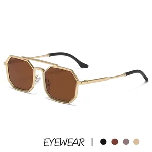 Steampunk gold metal octagonal sunglasses with brown lenses and double bridge design