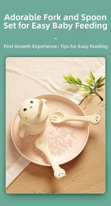 Silicone baby feeding set with cat-shaped straw cup and soft training spoon and fork