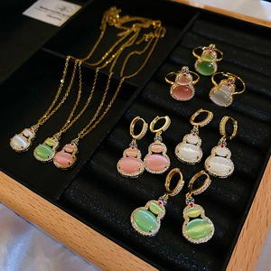 New Chinese Style Hulu Gourd Earrings Cat Eye Stone Zircon Gold Plated Vintage Elegant Jewelry Gift For Women
