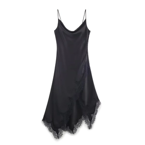 Elegant black satin slip dress for women featuring asymmetric lace hem and silky texture