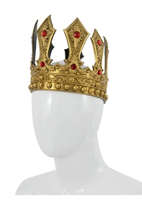 Detail view of a vintage gold crown with red gems on a mannequin head model
