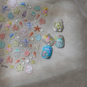 Detailed 5D relief ocean nail art stickers with starfish and jellyfish patterns, model Co-530