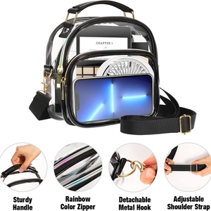 Clear PVC crossbody bag with black trim and rainbow zippers showing large capacity storage