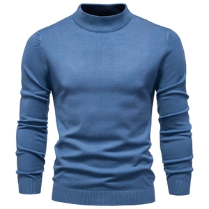 Close-up of a blue men's sweater featuring a mockup display with fine knitted texture
