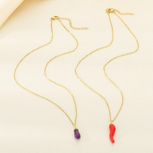 Creative gold-plated steel necklaces featuring purple eggplant and red chili vegetable pendants
