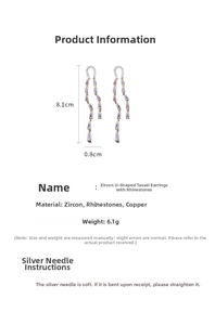 Detail view of U-shaped tassel earrings with dimensions showing 8.1cm length and zircon stones